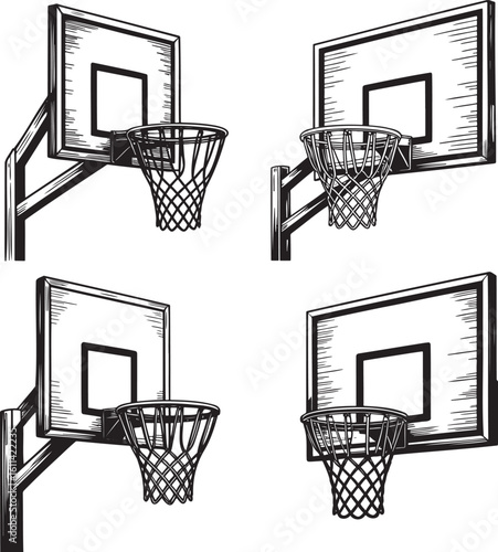 Hand drawn style Basketball hoop silhouette set isolated on transparent background