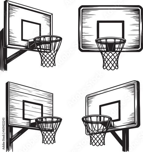 Hand drawn style Basketball hoop silhouette set isolated on transparent background