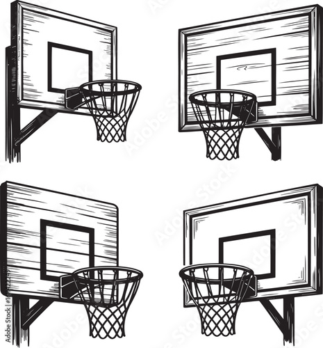 Hand drawn style Basketball hoop silhouette set isolated on transparent background