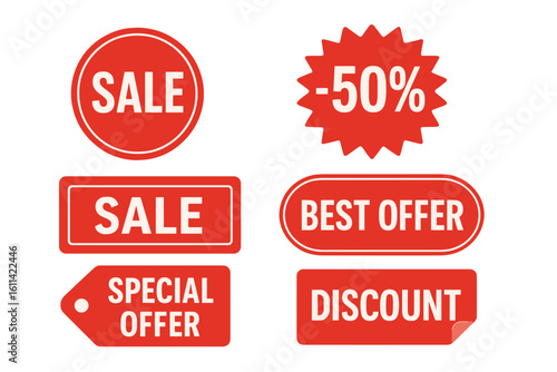 Set of red sale stickers and promotional labels for advertising. Discount price tags for retail marketing. Special and best offer vector graphic elements collection isolated.