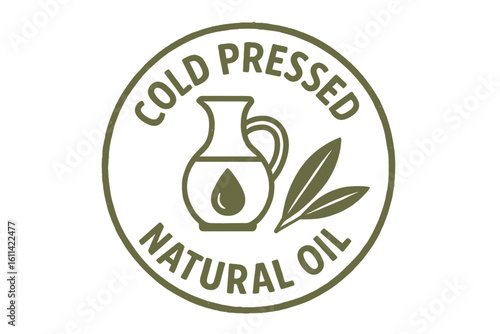 Cold pressed natural oil vector stamp. Olive oil package sticker design. Grunge label for eco bio product. Healthy food quality seal icon. Extra virgin olive oil symbol.