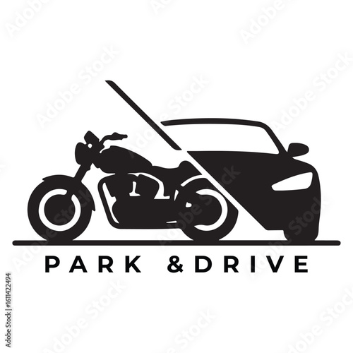 A black and white logo featuring a car and a motorcycle design icon