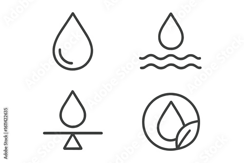 Water drop line icon set. Concepts of pure, natural, and eco friendly water. Symbols for balance, conservation, and ecology. Outline pictograms for web and mobile apps.