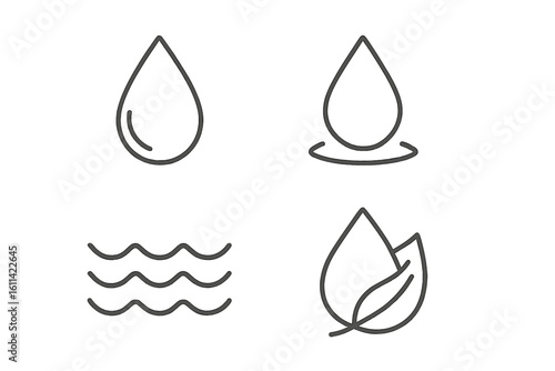 Water drop line icon set. Eco natural clean water concept. Simple outline pictograms for web and mobile. Liquid, wave, leaf and aqua symbols. Vector illustration.