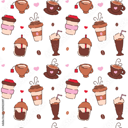 Seamless bright vector pattern of coffee cups, hot drinks, takeaway coffee.