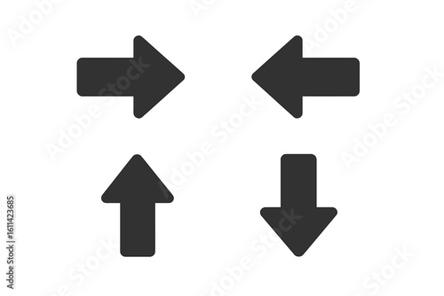 Solid black directional arrow icons set of four, flat vector navigation pointers isolated on white background, up down left right arrows, minimal user interface web button symbol graphic
