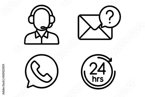 Customer support & service outline icon set – headset operator, email question, phone call bubble, 24 hour assistance symbol – web help desk contact center, online hotline