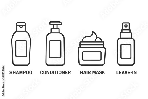 Outline hair care product icons vector set: shampoo bottle, conditioner pump, creamy hair mask jar, leave-in spray, packaging pictograms, line editable stroke illustration