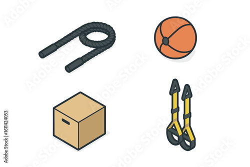 Isometric gym equipment icons set featuring functional training battle rope, medicine ball, plyometric plyo box, suspension straps, fitness workout tools on transparent background
