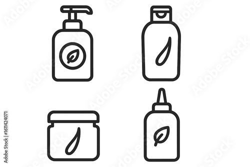 Outline hair care icon set: shampoo pump bottle, conditioner container, nourishing mask jar, leave-in applicator flask, organic eco cosmetics packaging line vector illustration