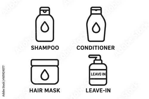 Hair care outline icon set of cosmetic packaging: thin line shampoo bottle, conditioner bottle, hair mask jar, leave-in pump, minimal salon pictograms, isolated vector