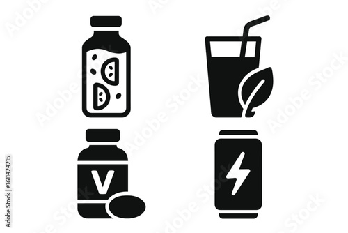 Solid glyph health drink icon set – detox infused water bottle, green juice glass, vitamin supplement bottle, energy beverage can – wellness vector illustration for nutrition concepts