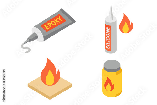 Heat-resistant adhesive icons collection. Isometric epoxy glue tube, silicone sealant cartridge, fireproof ceramic tile flame, high-temperature bonding vector illustration