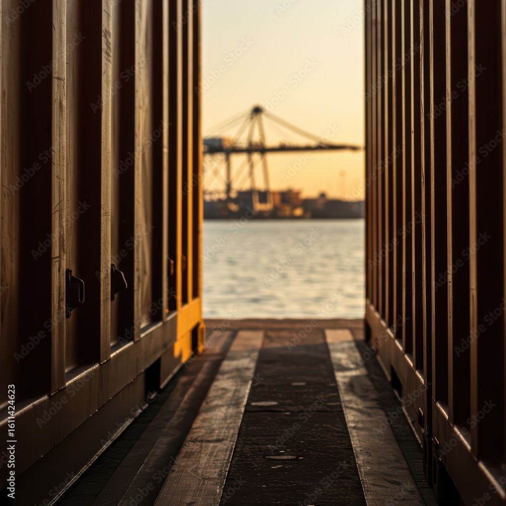 Obraz premium Close up view of shipping container at commercial port in the early morning. Logistics and global trade industry. Cargo transportation background with copy space. 
