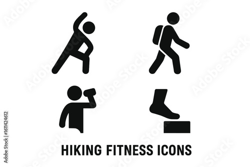 Outdoor hiking fitness preparation icon set. Solid filled vector pictograms of warm-up stretch pose, backpack hiker walking, water drinking hydration, step-up leg exercise