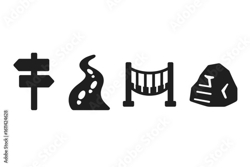 Solid black hiking trail icons – wooden signpost, winding footpath, rope suspension bridge, rock marker; outdoor map symbols isolated on transparent background