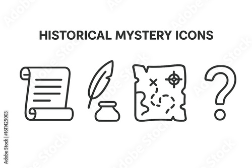 Historical mystery outline icon set. Ancient parchment scroll, quill pen with ink pot, treasure map with dotted route and X mark, question mark symbol. Linear stroke vector.