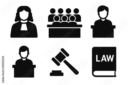 Solid Historical Trials Icon Set: Judge, Jury, Witness Stand, Defendant, Gavel, Law Book Vector Illustration on Transparent Background