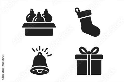 Christmas solid glyph icon collection: ornament ball box, hanging stocking, ringing jingle bell, wrapped gift present, black silhouette pictograms for winter holiday decor, UI design