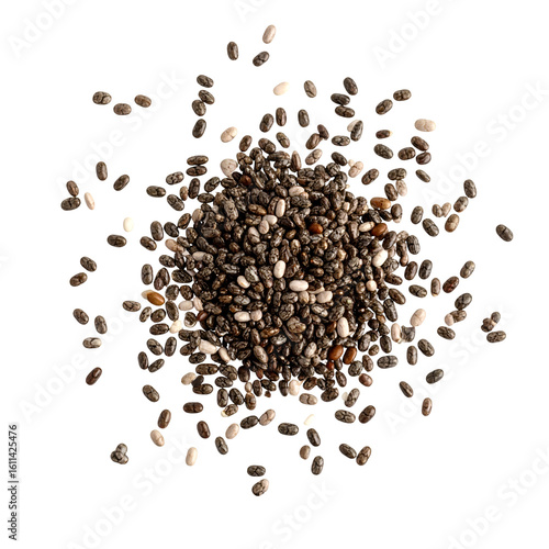 Pile of Raw Chia Seeds Isolated on a White Background, Top View