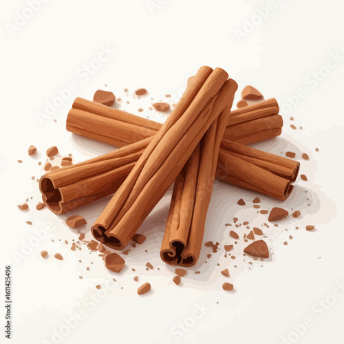 Aromatic cinnamon sticks and powder illustration, isolated on a white background. Culinary spice vector concept for cooking and baking.