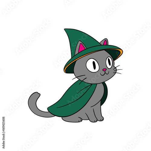 Hand-drawn cute Halloween kitty cat in costume. Fantasy and mystical fairytale. Treats or tricks	fantasy fairy tale
