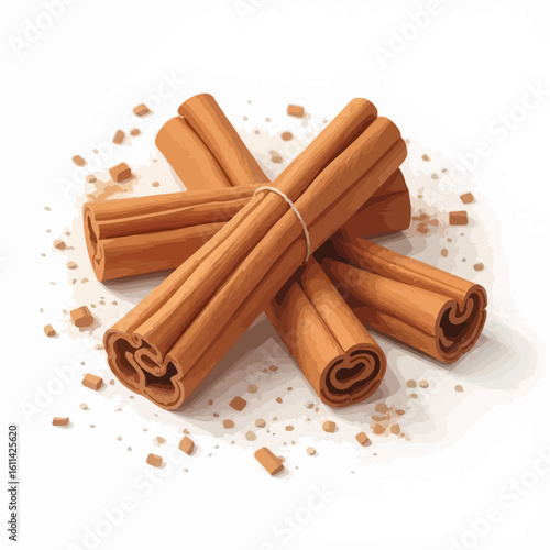 Aromatic cinnamon sticks tied in a bundle with string, surrounded by ground powder. A natural and fragrant culinary spice ingredient.