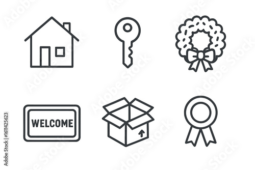 Thin line housewarming icon set with new home outline, door key, festive wreath, welcome mat, open moving box, award ribbon badge. Real estate purchase, relocation vector