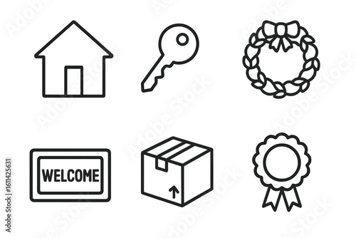 New home housewarming outline icon set: house silhouette, property key, door wreath, welcome doormat, moving box, award ribbon, line style real estate vector illustration