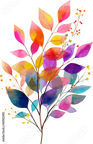 Watercolor pink bule green and yellow Freesia illustration. Beautiful leaves, transparent background