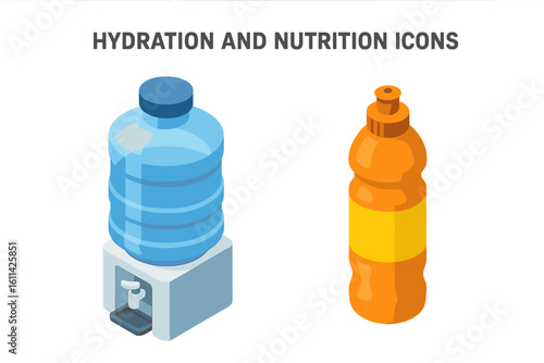 Isometric hydration and nutrition icon set with blue water cooler dispenser and plastic jug alongside orange sports drink bottle, flat vector illustration on transparent background
