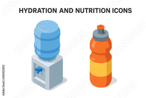 Isometric hydration and nutrition icon set with office water cooler dispenser, blue refill jug, orange sports drink squeeze bottle, isolated vector on transparent background