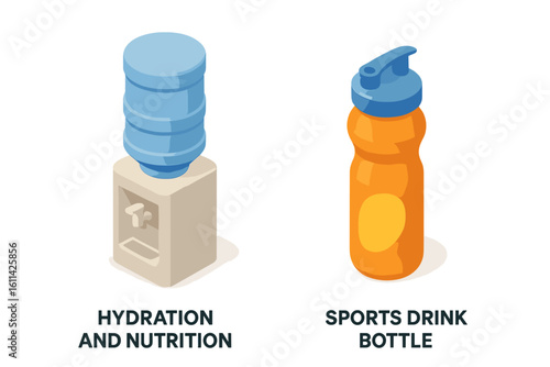 Hydration and nutrition isometric icons set: office water cooler dispenser with blue jug, orange sports drink squeeze bottle, health fluid intake concept vector illustration