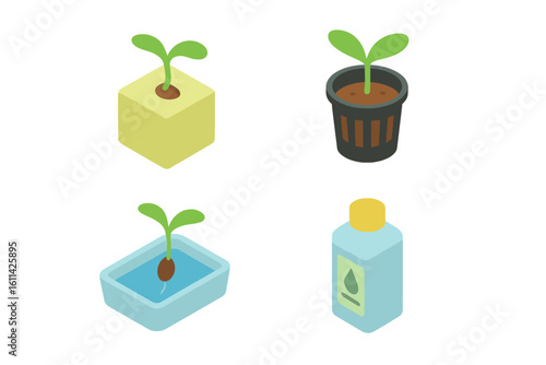 Isometric Hydroponic Icons Collection of Seed Germination with Rockwool Cube, Net Pot Basket, Nutrient Solution Bottle and Seedling Sprout Vector Illustration for Urban Farming