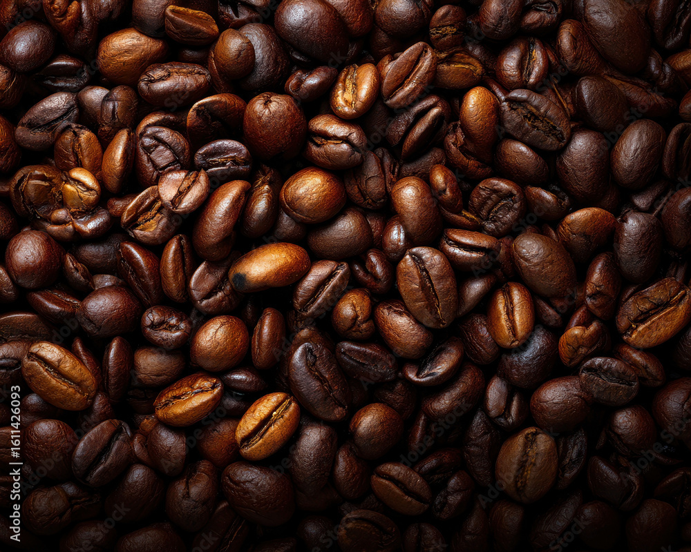 Obraz premium Close-up of rich, dark roasted coffee beans, showcasing their texture and depth.