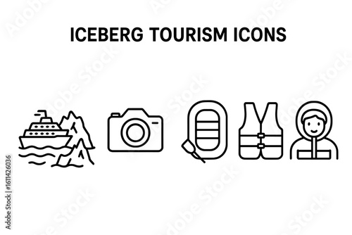 Arctic iceberg tourism outline icon set featuring cruise ship, camera, zodiac boat, life jacket, tourist in parka, expedition safety gear, isolated vector illustration