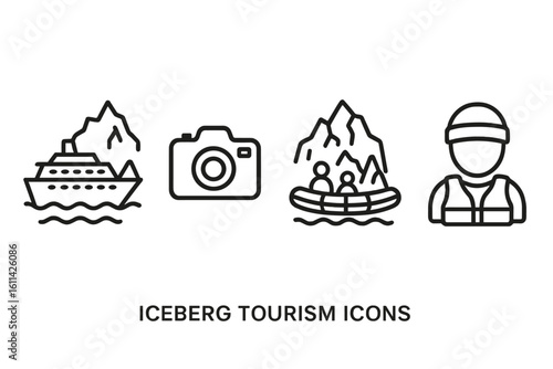 Arctic iceberg tourism outline icon set featuring cruise ship, zodiac boat, adventure camera, life safety vest, tourist figure; linear vector symbols for polar travel