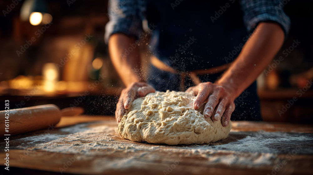 Close-up of hands kneading dough on wooden countertop, flour dust floating in air, artisanal baking process Close-up of hands kneading dough on wooden countertop, flour dust floating in air, artisanal baking process