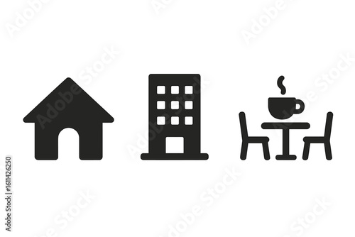 Solid black icon pack showing everyday contexts: residential house, corporate office tower, cafe table with steaming coffee cup; versatile vector isolated on transparent background