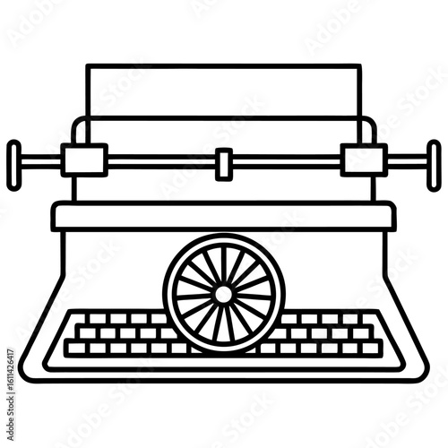 Classic typewriter line art with detailed keys and carriage mechanism