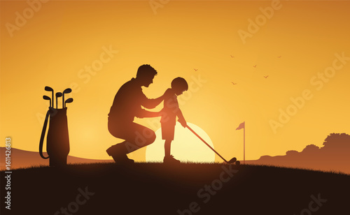 Father Teaching Son Golf – Silhouette at Sunset