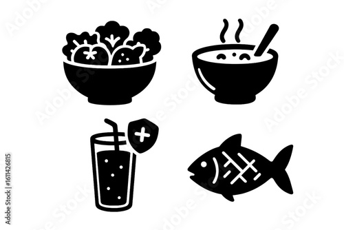 Immune boosting meal icons. Solid glyph vector: leafy salad bowl, hot vegetable soup, vitamin smoothie with shield, omega-3 grilled fish, isolated on transparent background