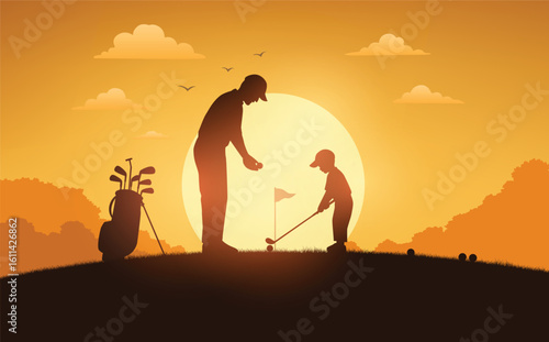 Golf Training at Sunset - Father and Son Silhouette