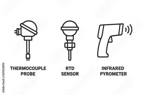 Industrial temperature sensor icons set. Thin line thermocouple probe, RTD resistance thermometer detector, handheld infrared pyrometer gun, factory process control monitoring vector illustration