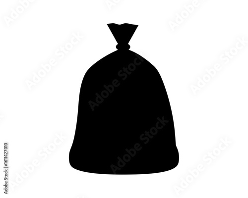 Black silhouette of a tied up plastic garbage bag on white background