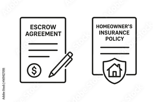 Outline vector icon set of escrow agreement and homeowner insurance policy documents with dollar symbol, pen, thin line editable stroke isolated on transparent background