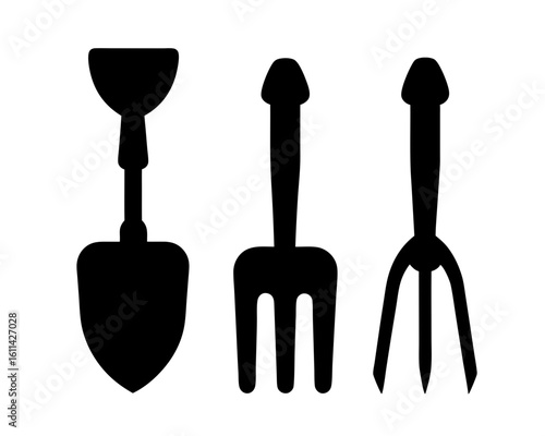 Black and White Silhouette of Gardening Hand Tools Shovel and Rakes