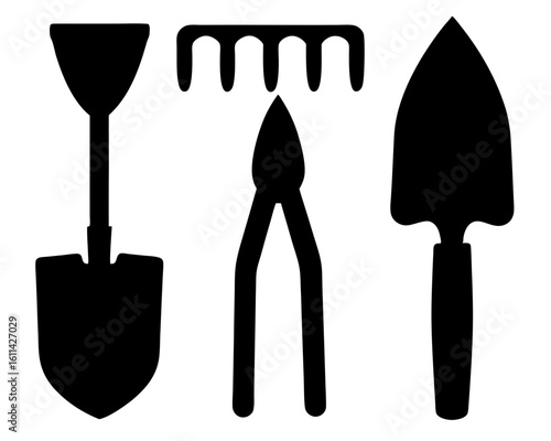 Silhouette of Gardening Tools Including Shovel, Trowel, Garden Rake and Pruning Shears