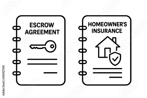 Outline vector icons of real estate legal documents: escrow agreement with key symbol and homeowner's insurance policy booklet with house shield, contract paperwork concept isolated