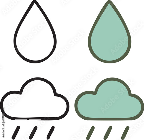 Set of rain cloud and water drop weather icons in outline and filled style.